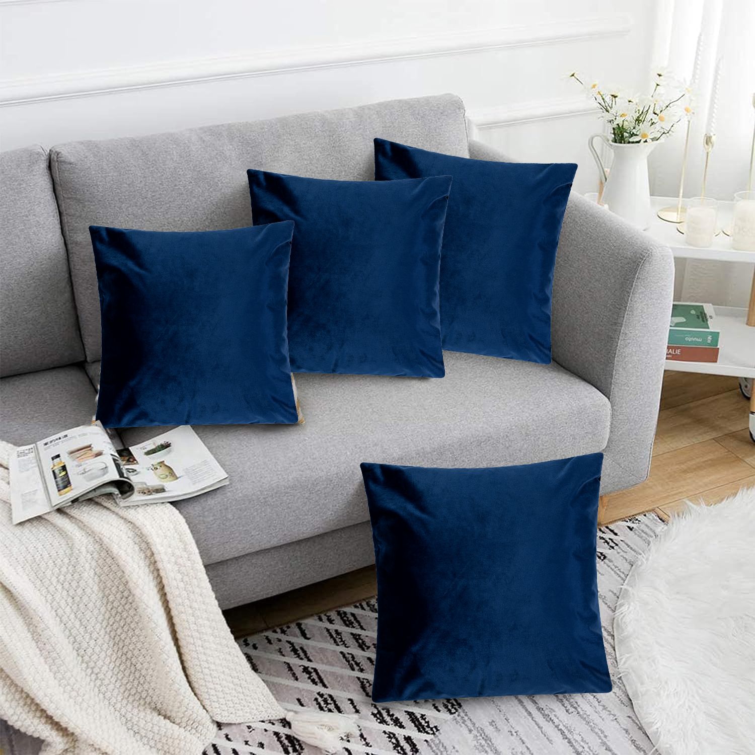 Luxury Living Luxurious Velvet Cushions Set of 4 - Soft Plush Fibre Pads, Vibrant Colours for Sofa & Bed Décor in Navy
