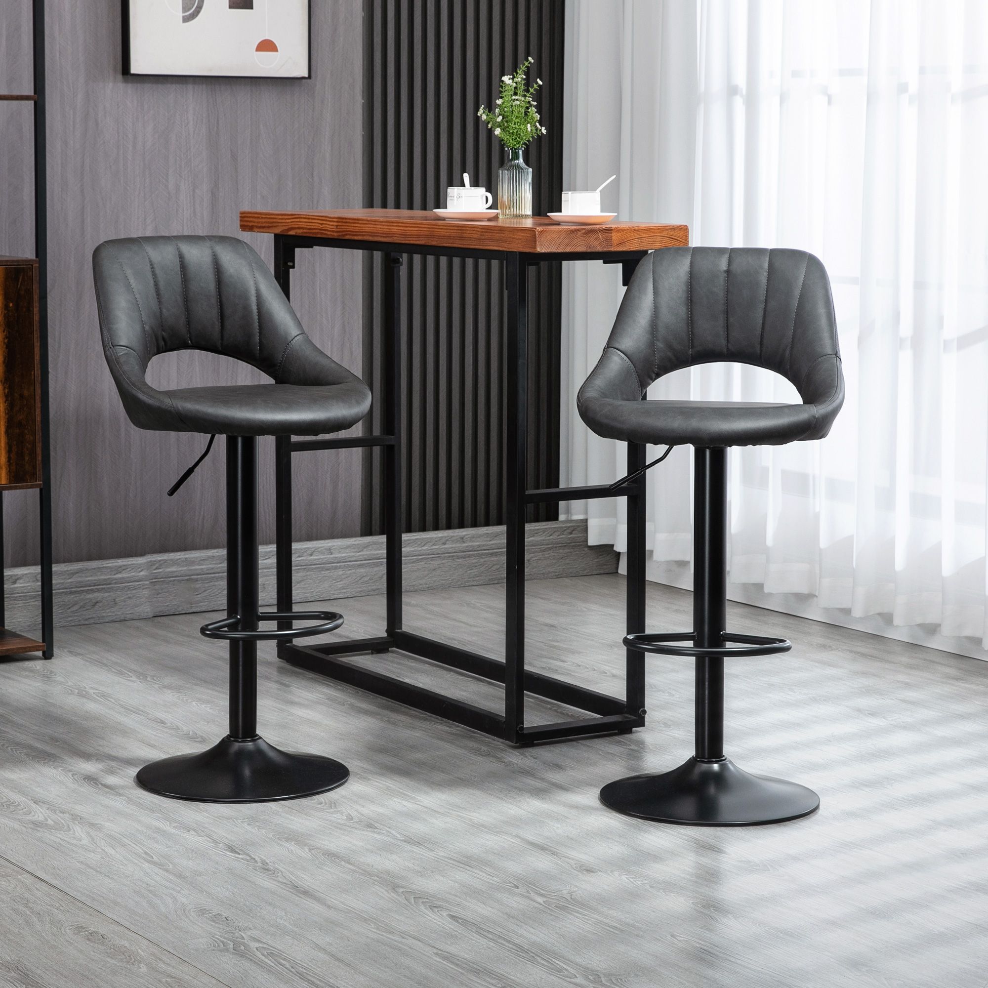 HOMCOM Barstools Set of 2 Adjustable Swivel Height PU Leather Counter Chairs in Grey