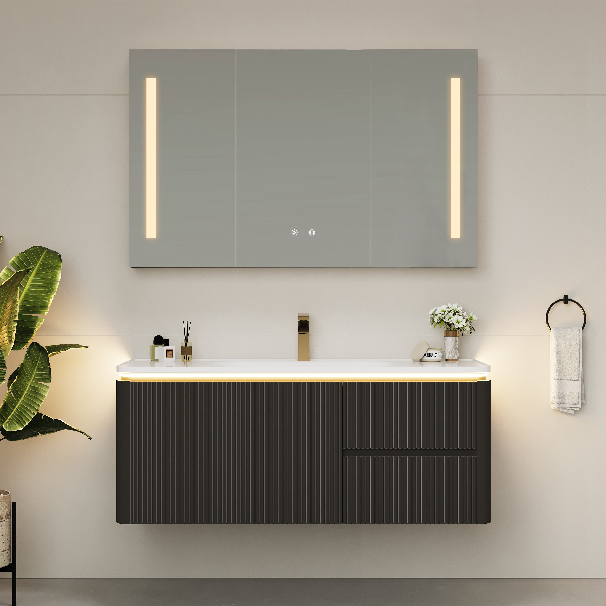 Modern 120 cm Floating Bathroom Vanity with Sink, Soft LED, Ample Storage