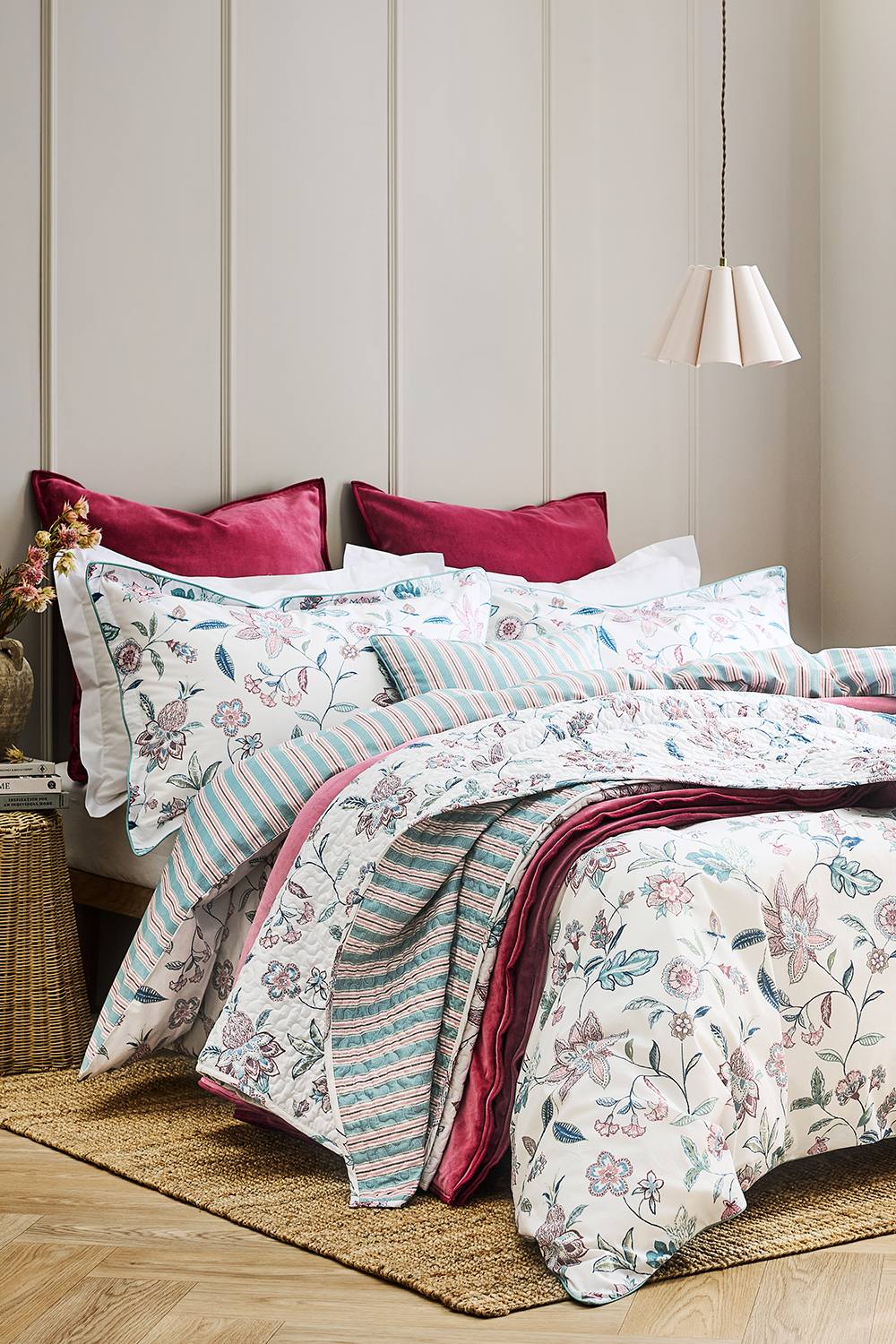 CHRISTY 'Kew' Floral Stripe Reversible Cotton Sateen Duvet Cover Set in Blue