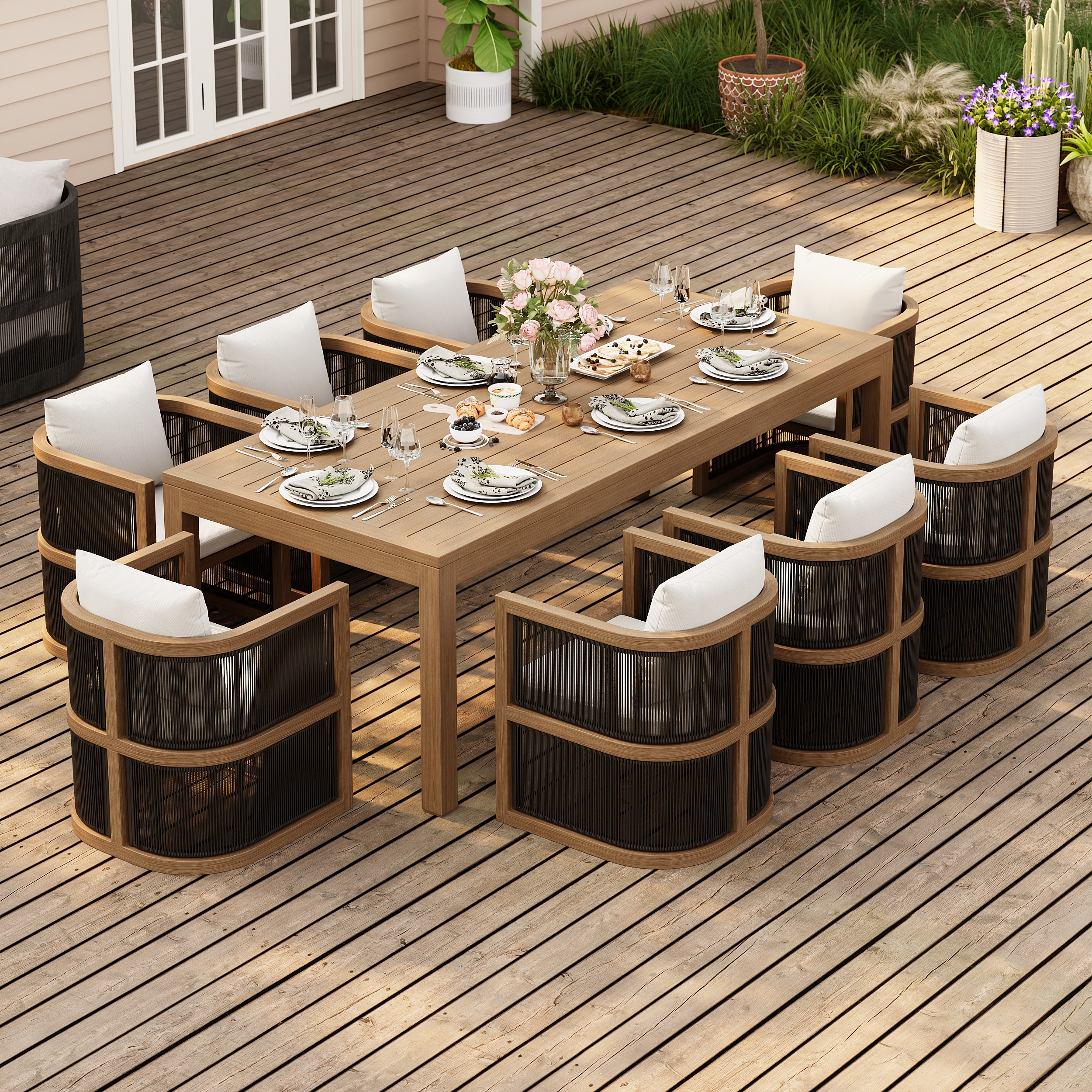 9-Piece Outdoor Rope Weave Dining Set with 8 Chairs