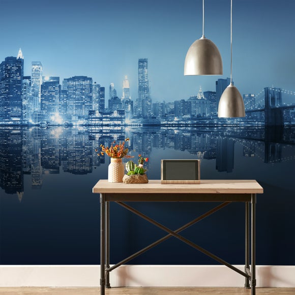 City Night Skyline Blue Wall Mural