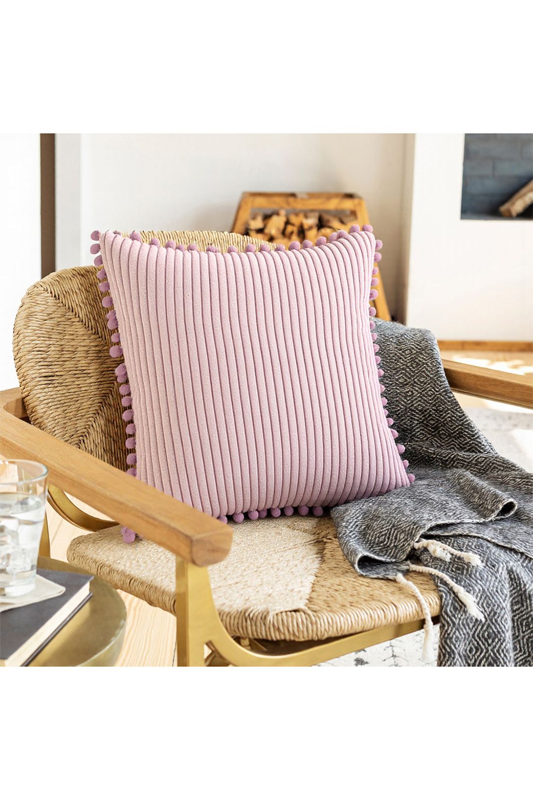 Living and Home Polyester Cushion Cover with Pom-Pom Trim in Pink