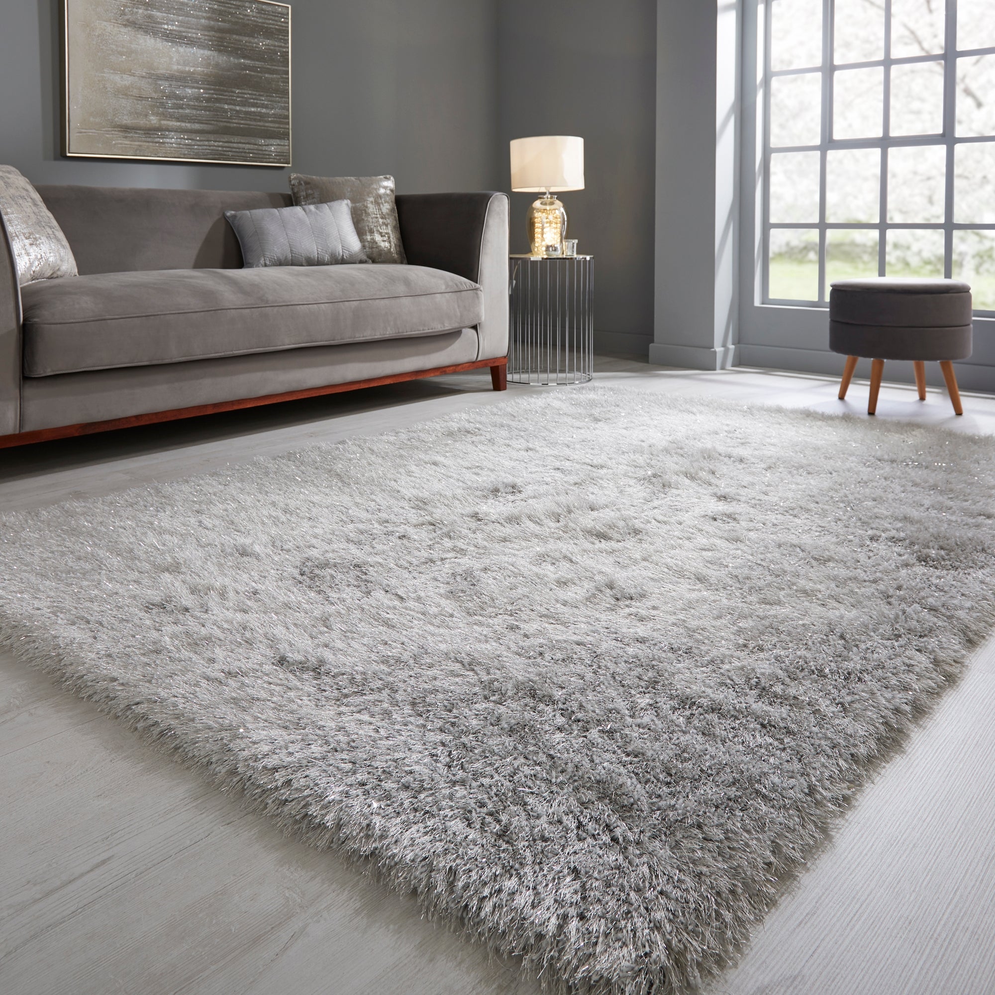 Riviera Sparkle Shaggy Rug Silver