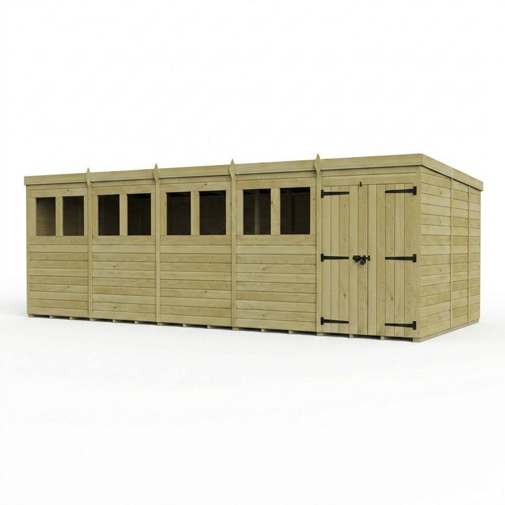 Buttercup Farm 20ft x 9ft Pent Garden Shed Double Door With Windows - Timber in Brown