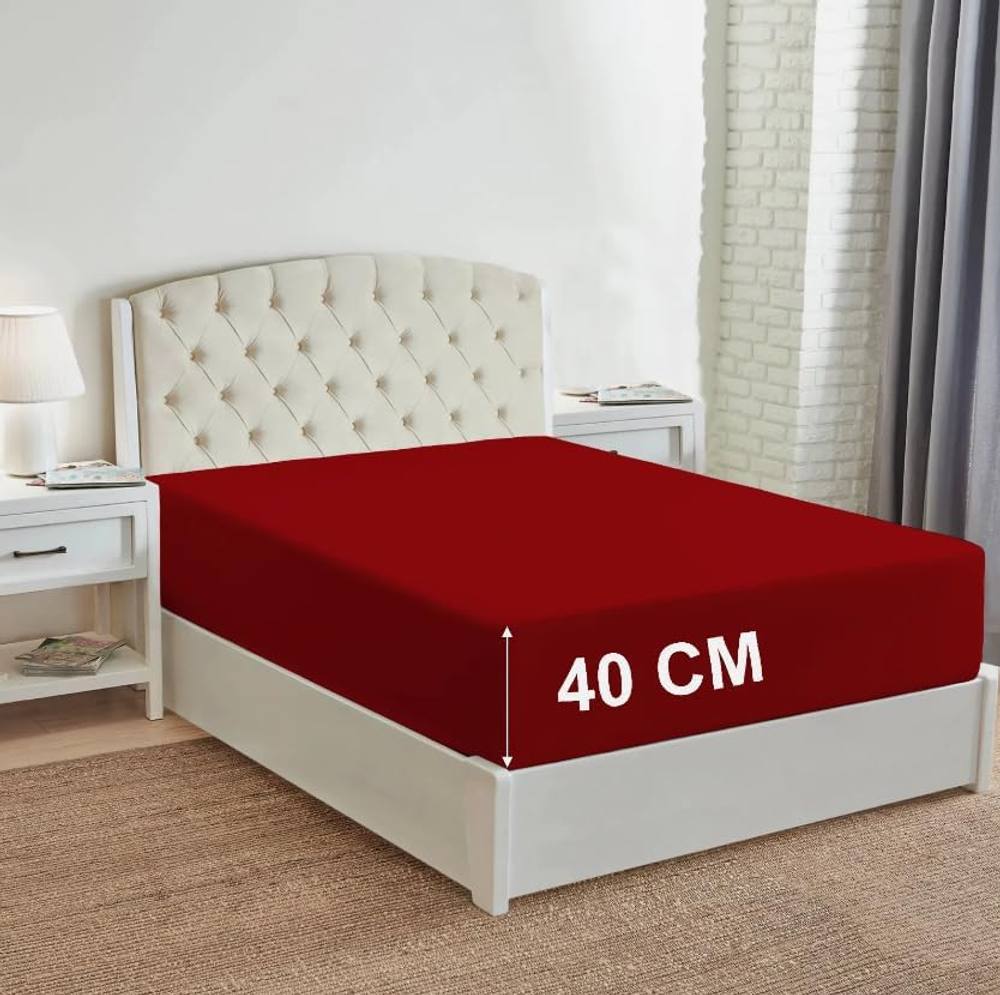 Homes-Linen 180 Thread Count 16"/40cm Extra Deep Non Iron Fitted Sheet in Red
