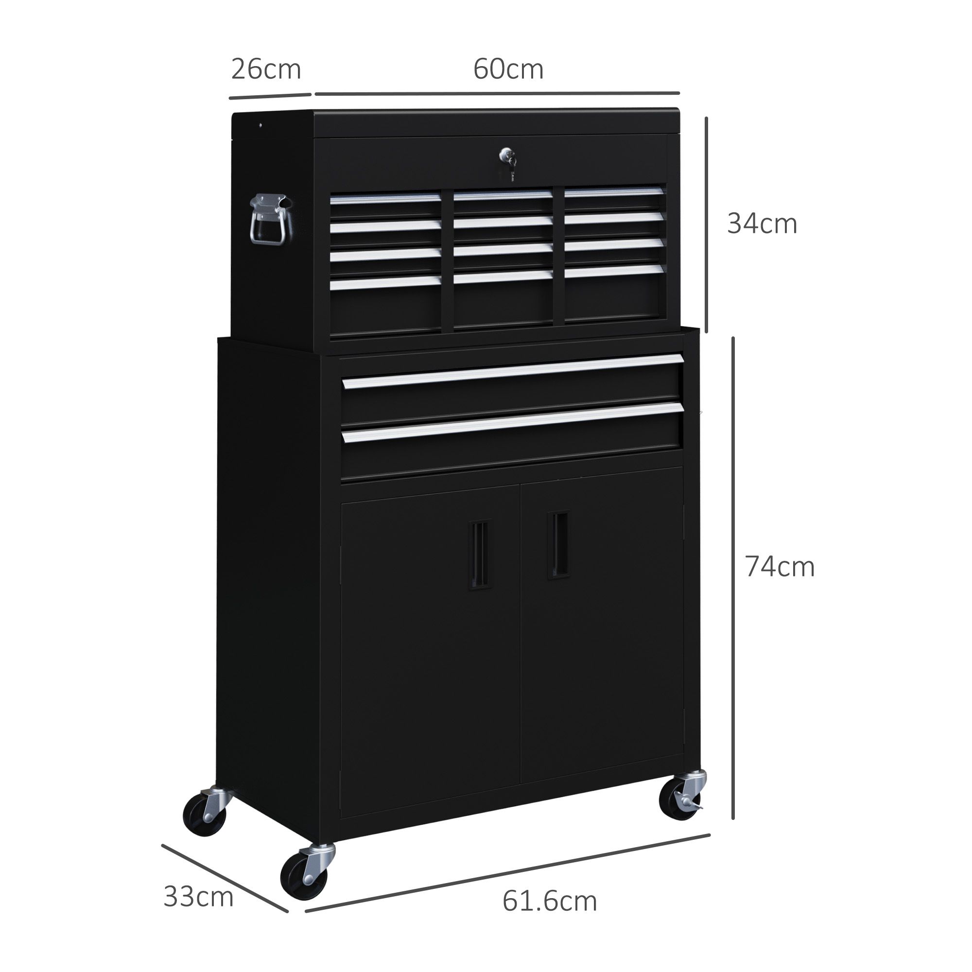 HOMCOM Top Chest & Roller Cabinet Combo Metal Tool Cabinet on Wheels Black 3