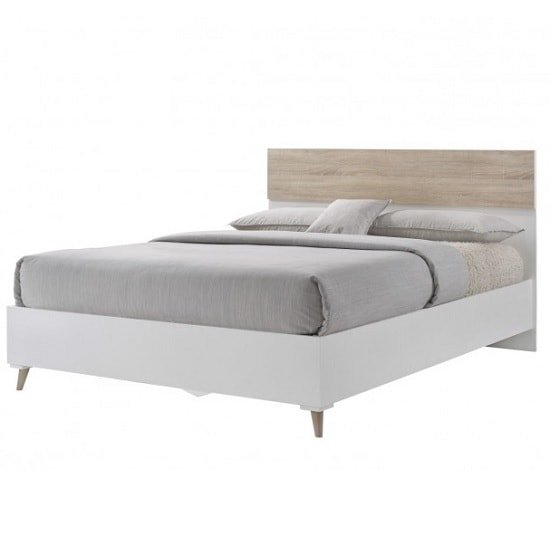 Belavo Wooden Double Bed In Matt White And Sonoma Oak