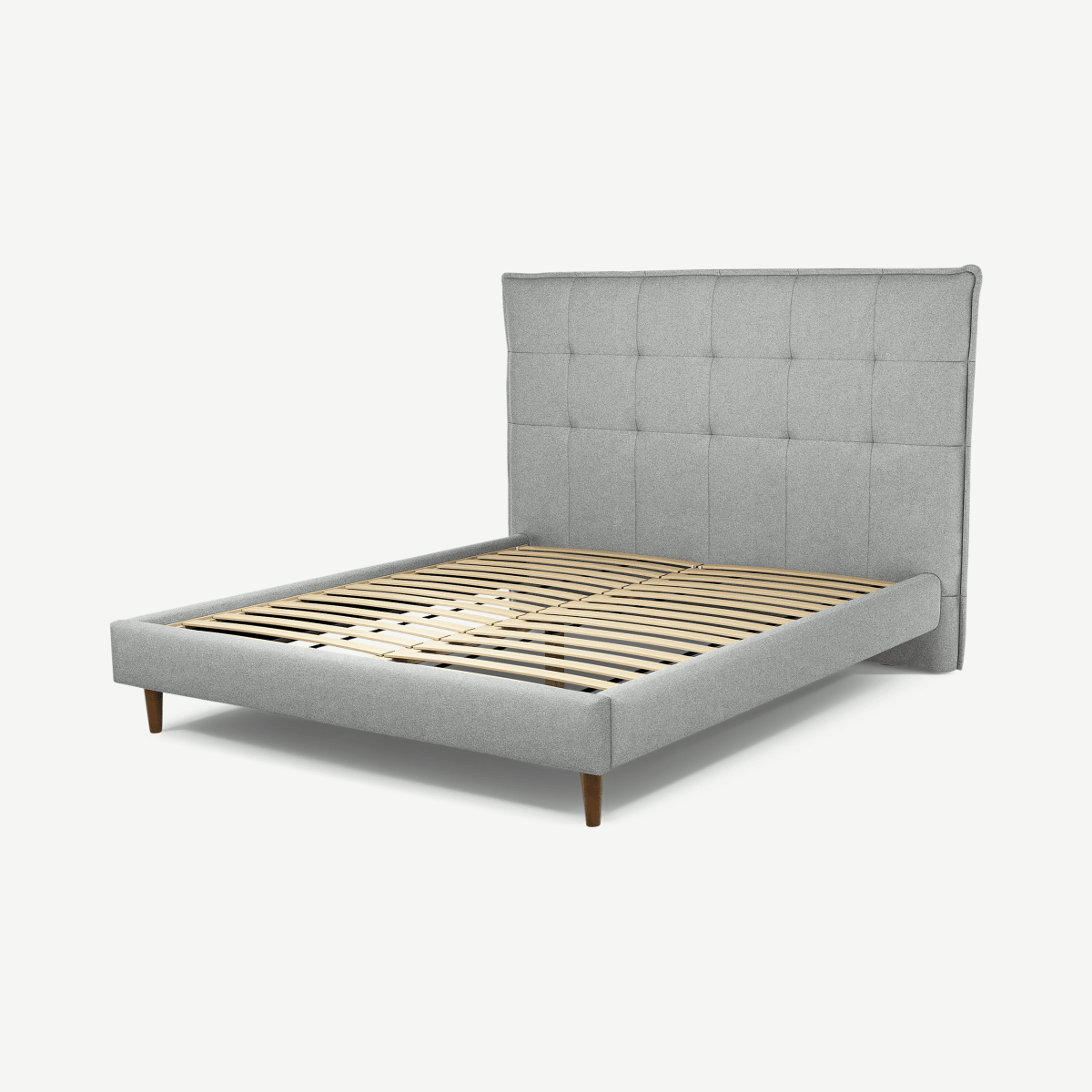 Lamas King Size Bed, Wolf Grey Wool with Walnut Stain Oak Legs