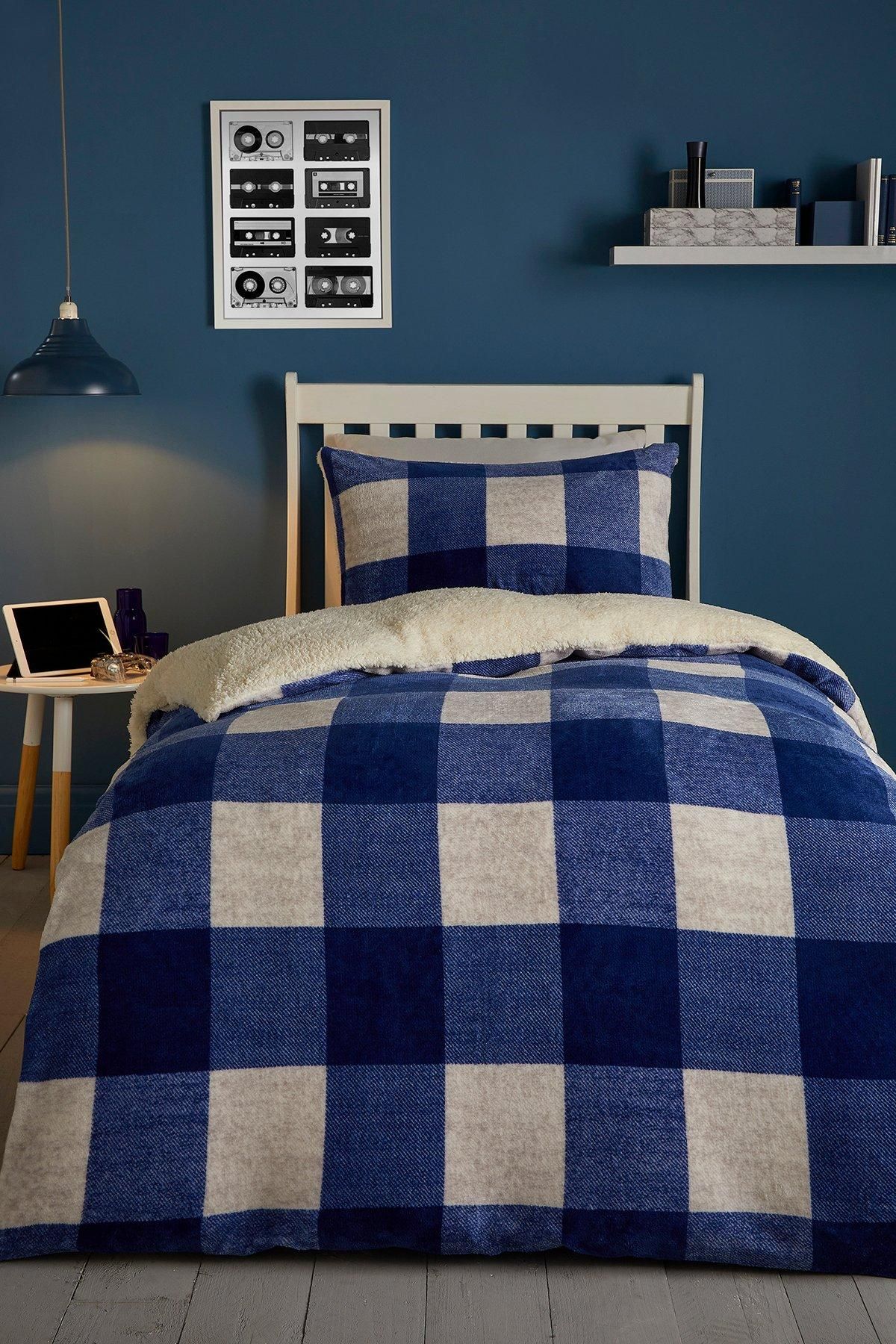 Bedlam 'Cosy Theo Check' Plush & Sherpa Reverse Duvet Cover Set in Blue
