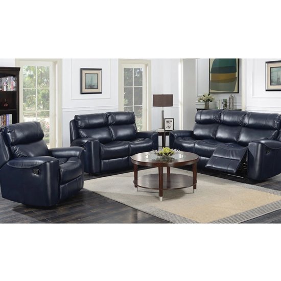 Mebsuta Leather 3 Seater Sofa And 2 Armchairs Suite In Navy