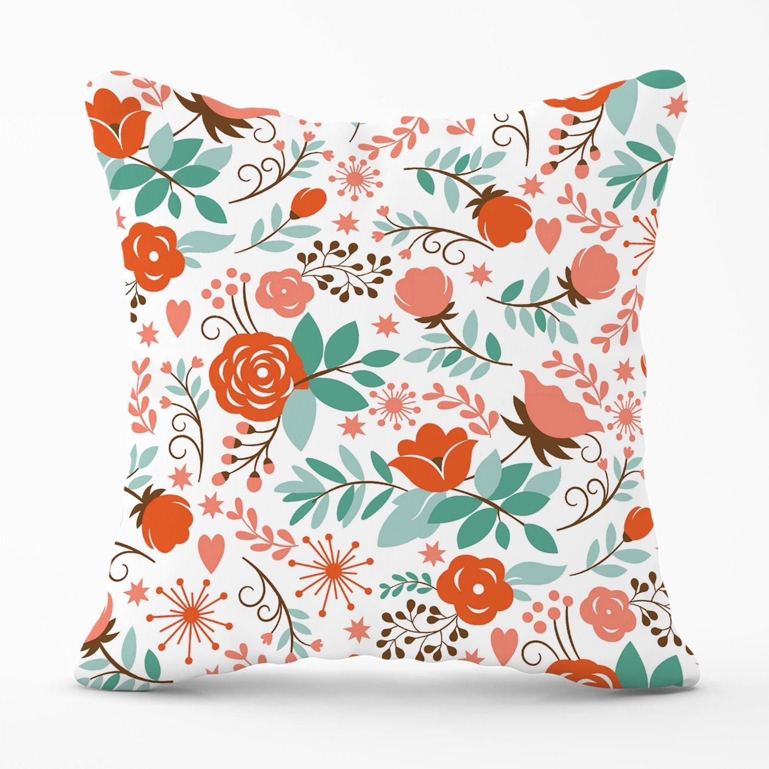 Warren Reed - Designer Orange Floral Pattern Outdoor Cushion in Green