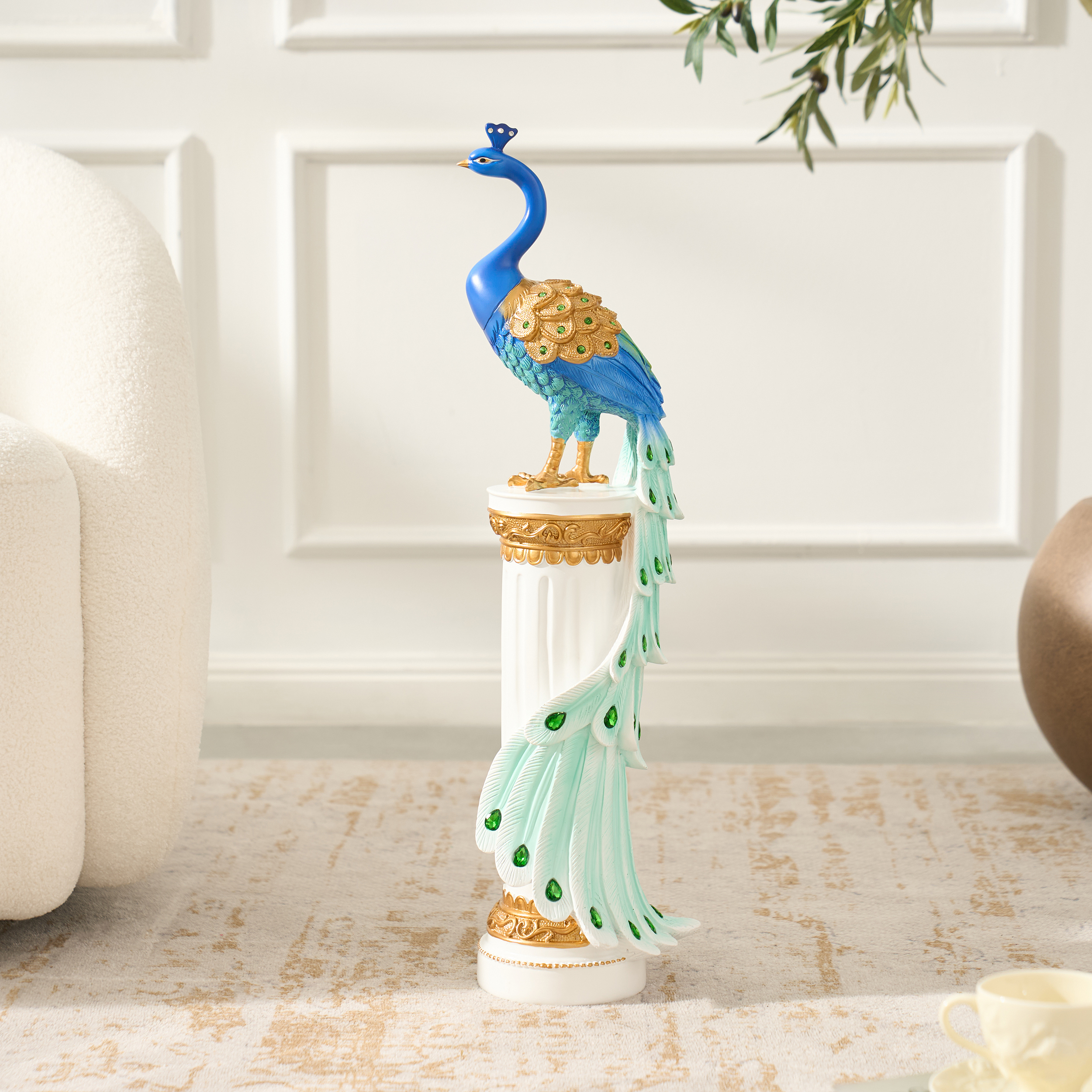 70 cm Luxury Resin Peacock Statue with Crystal Accents – Elegant Home Decor Sculpture