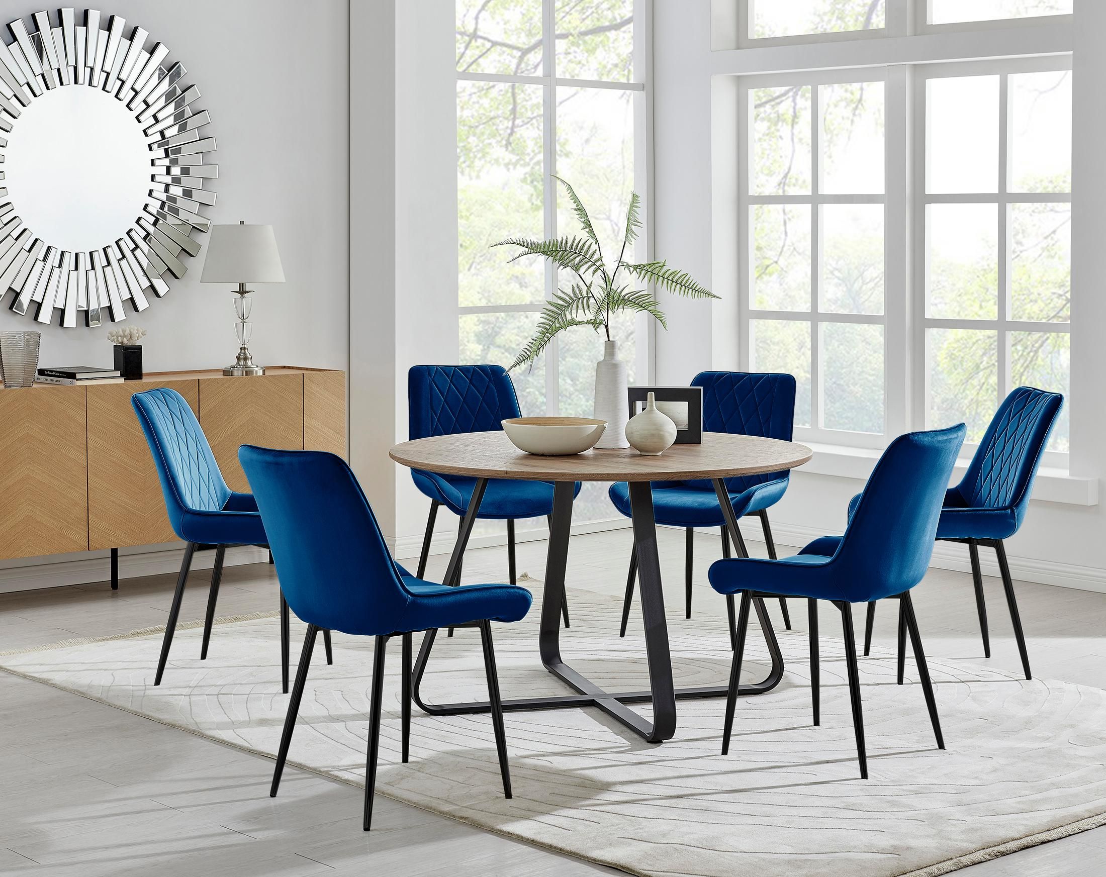 FurnitureboxUK Santorini Brown Round Dining Table & 6 Pesaro Black Leg Chairs in Navy