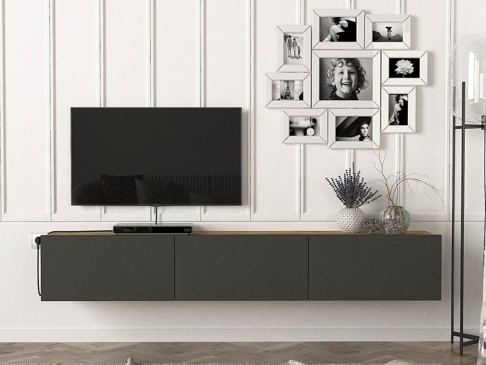 Vente-unique Wall - Mounted TV Unit With 3 Doors - Anthracite & Light Natural in Grey
