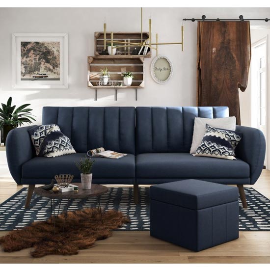 Brittany Linen Sofa Bed In Navy Blue With Wooden Legs