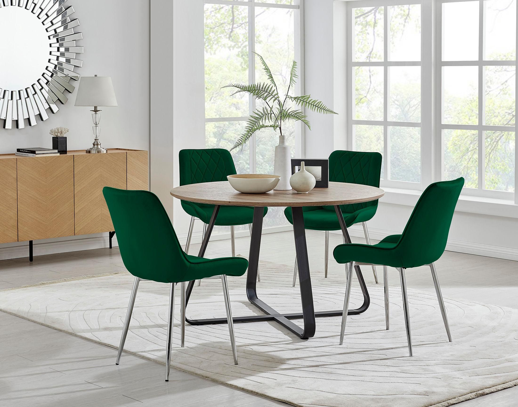 FurnitureboxUK Santorini Brown Round Dining Table & 4/6 Pesaro Silver Leg Chairs in Green