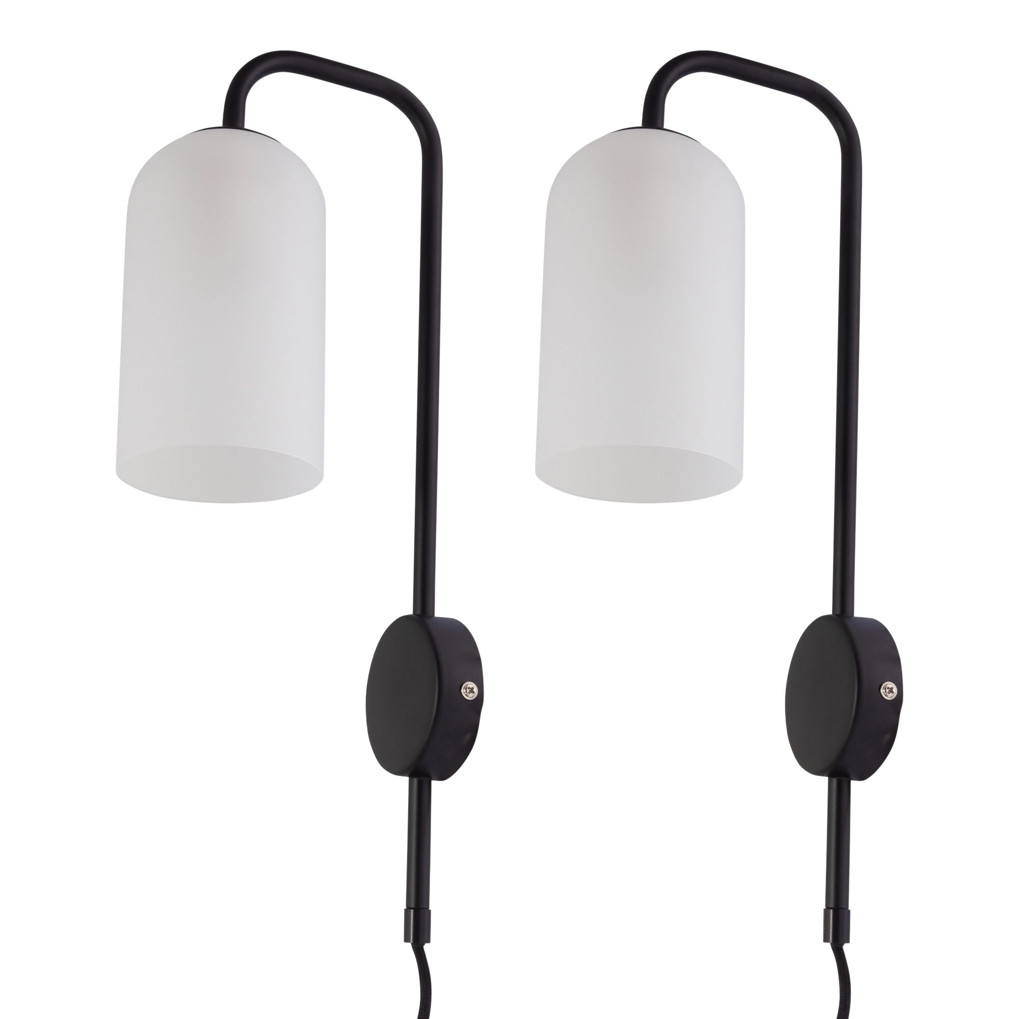 First Choice Lighting Set of 2 Victoria - Black Plug in Wall Lights Frosted Glass Shades