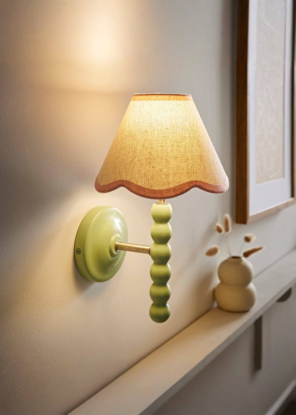 ValueLights Bobbins Sage Green Bobble Wall Light & Linen Pastel Trim Lamp Shade in Pale Pink