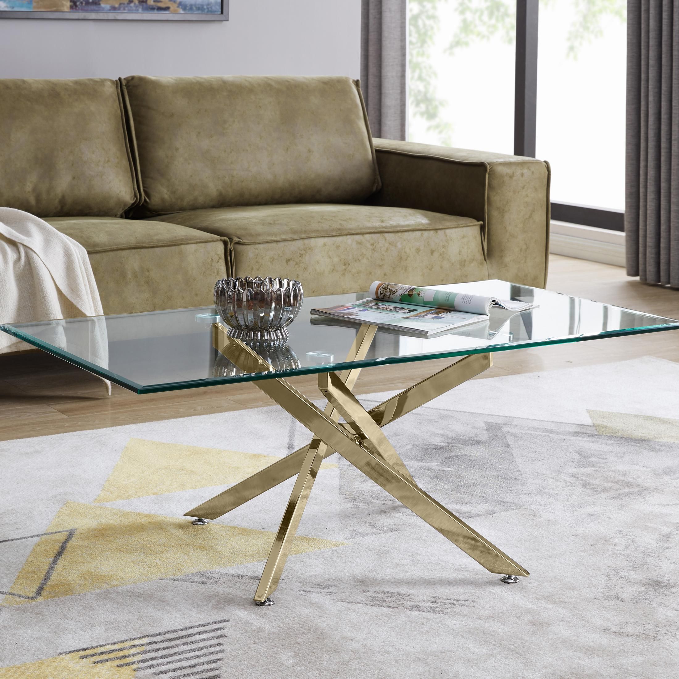 FurnitureboxUK Leonardo Rectangular Glass Coffee Table with Metal Angled Starburst Legs for Modern Living Rooms in Gold