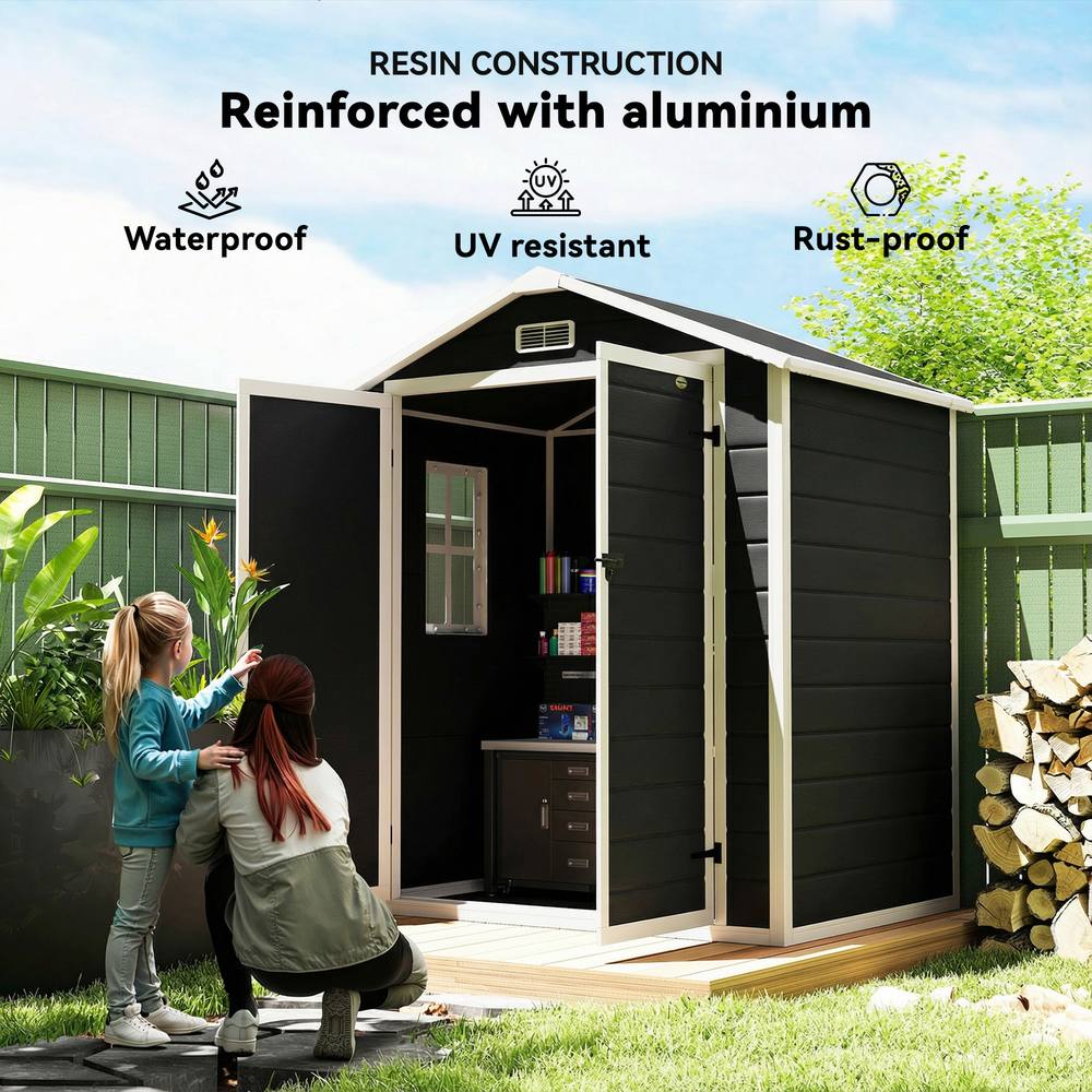 OUTSUNNY Garden Shed 6'x4.5' Plastic Tool Storage House Lockable Double Doors in Black 4
