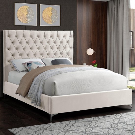Campione Plush Velvet Upholstered Small Double Bed In Cream