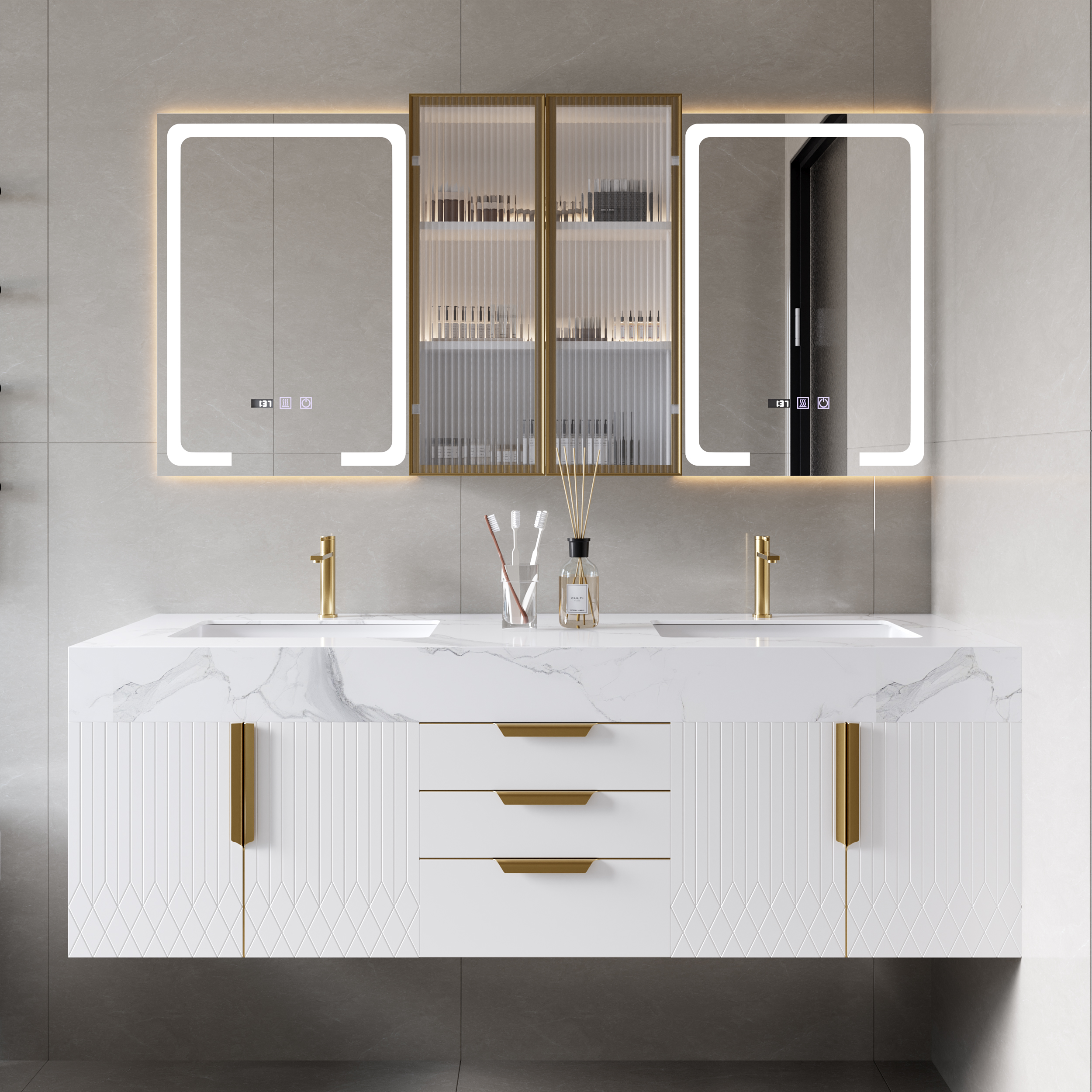 1500mm Double Sink Floating Vanity Set with LED Medicine Cabinet with Storage