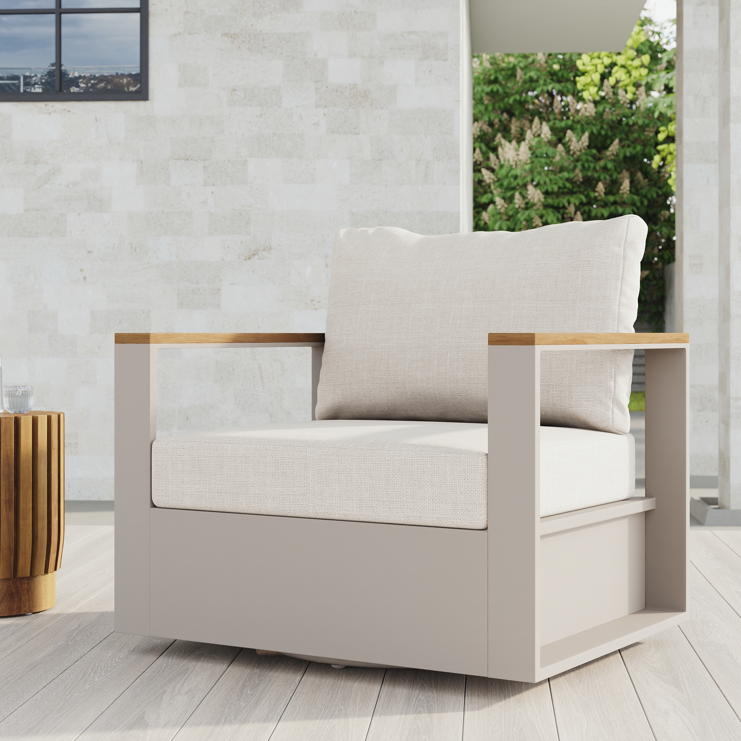 Axis Outdoor Warm White Wood & Aluminum Swivel Chair with Cushion