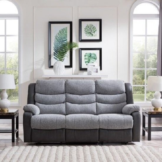 Brixton Recliner 3 Seater Sofa In Grey PU And Fabric