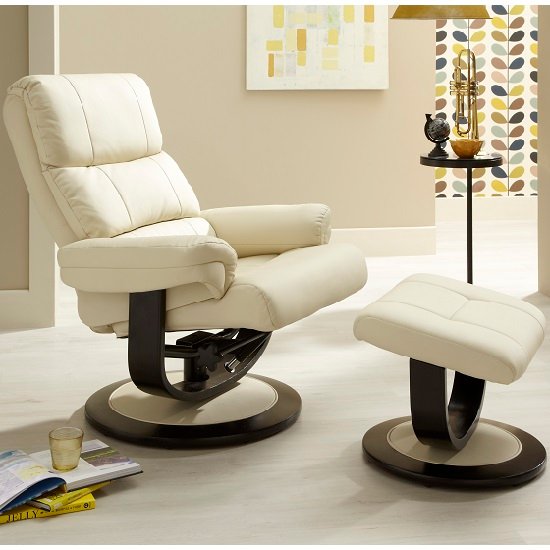 Darwin Recliner Chair In Cream Faux Leather With Footstool