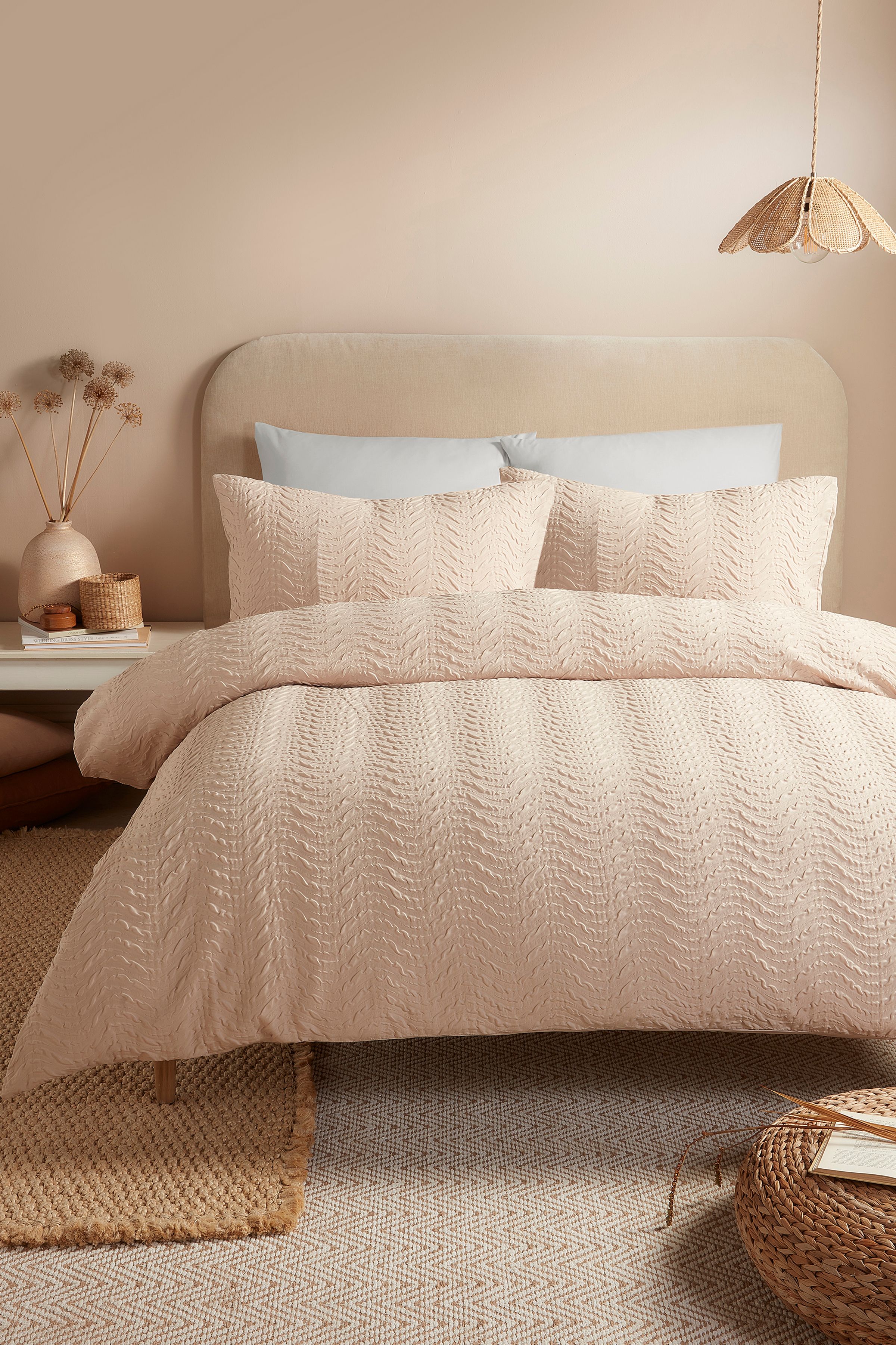 Serene 'Embossed Curve' Embossed Textured Duvet Cover Set in Natural