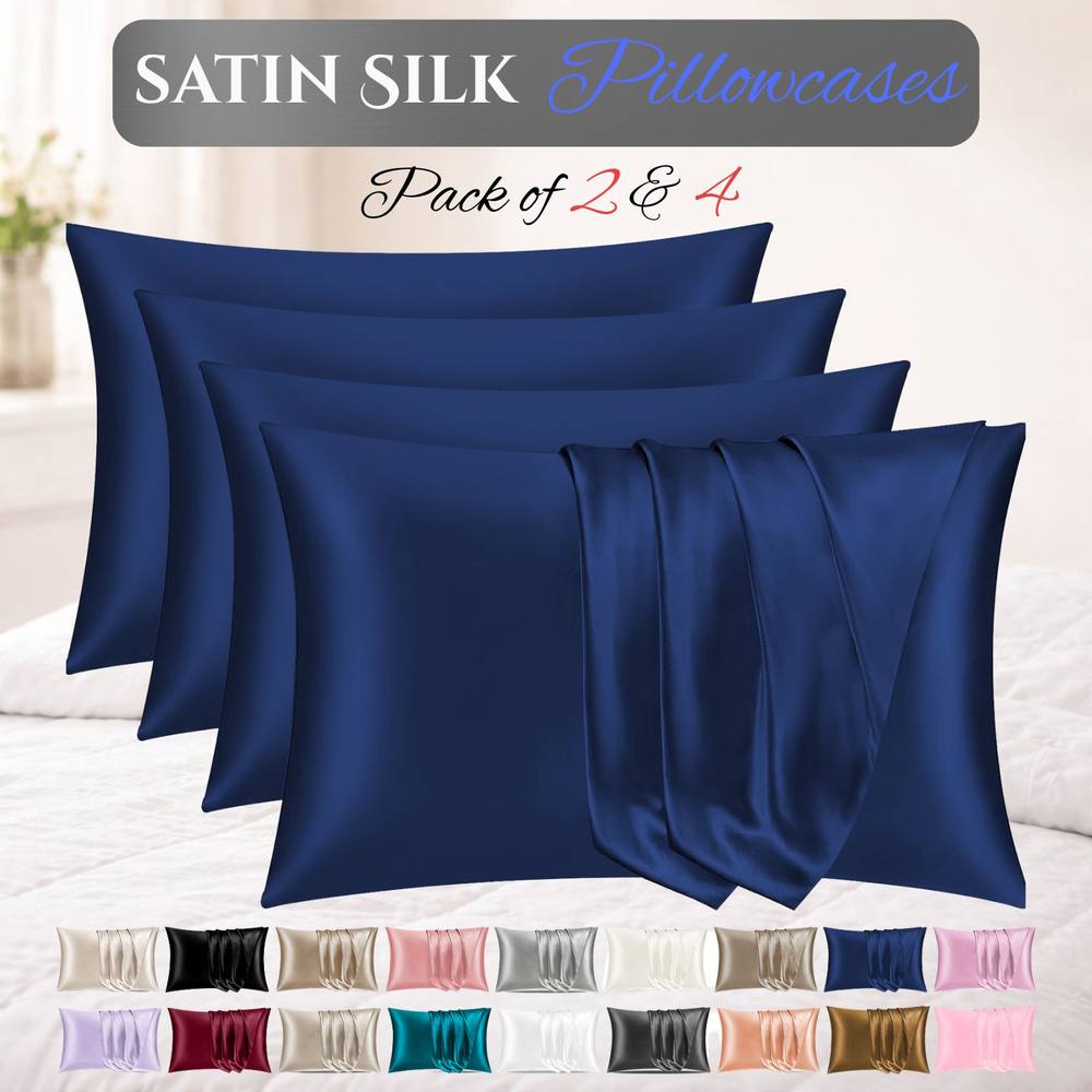 Grace Satin Silk Pillow Cases Pack of 4 Super Soft Smooth Pillow Covers in Navy