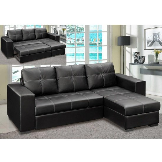 Avalon Corner Sofa Bed In Black Faux Leather With Storage