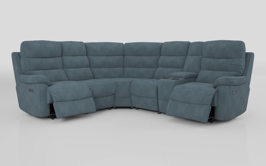 Blue Fabric Ossett 2 Corner 2 Power Sofa with Right Hand Facing Console & Head Tilt