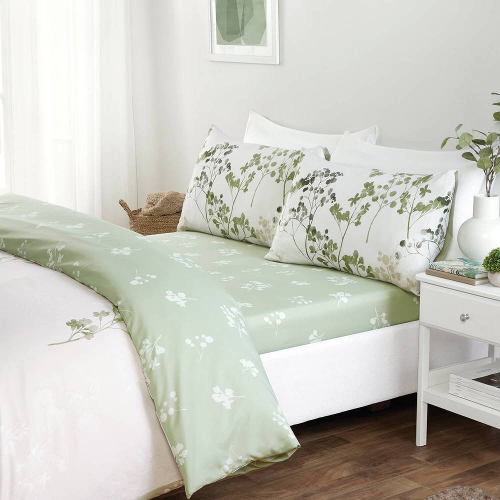 Coopers of Stortford Reversible Green Floral Duvet Set with Fitted Sheet & Pillowcases
