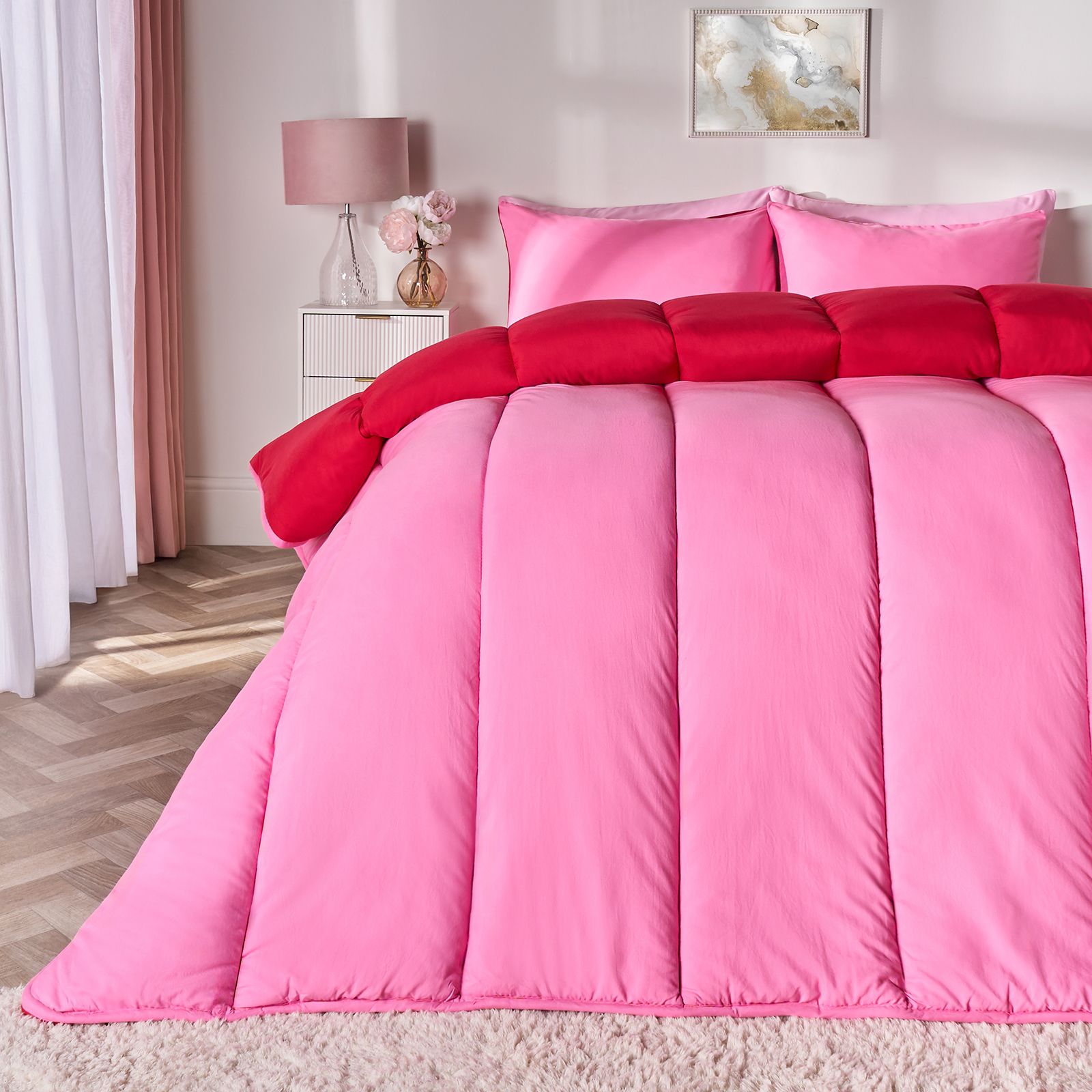 OHS Reversible 10.5 Tog Coverless Washable Duvet with Pillowcases in Bright Pink