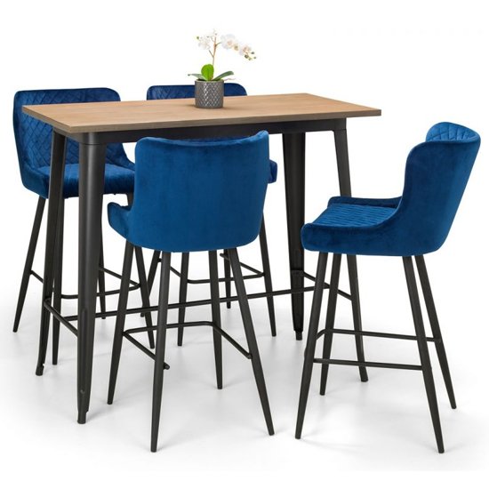 Grafton Wooden Bar Table In Mocha Elm With 4 Luxe Blue Bar Stools