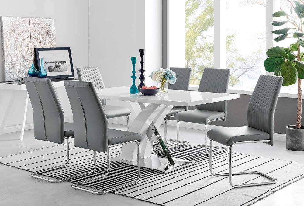 FurnitureboxUK Atlanta Modern Rectangle Chrome Metal High Gloss White Dining Table & 6 Lorenzo Chairs Set in Grey