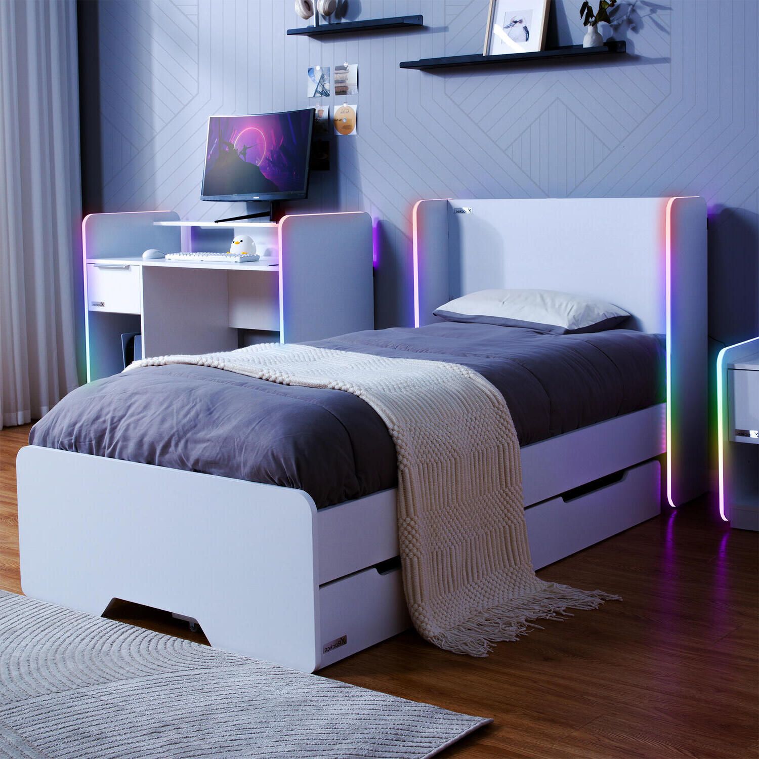 X Rocker Electra Single Bed with Trundle Drawers, Storage & LED Lights in White