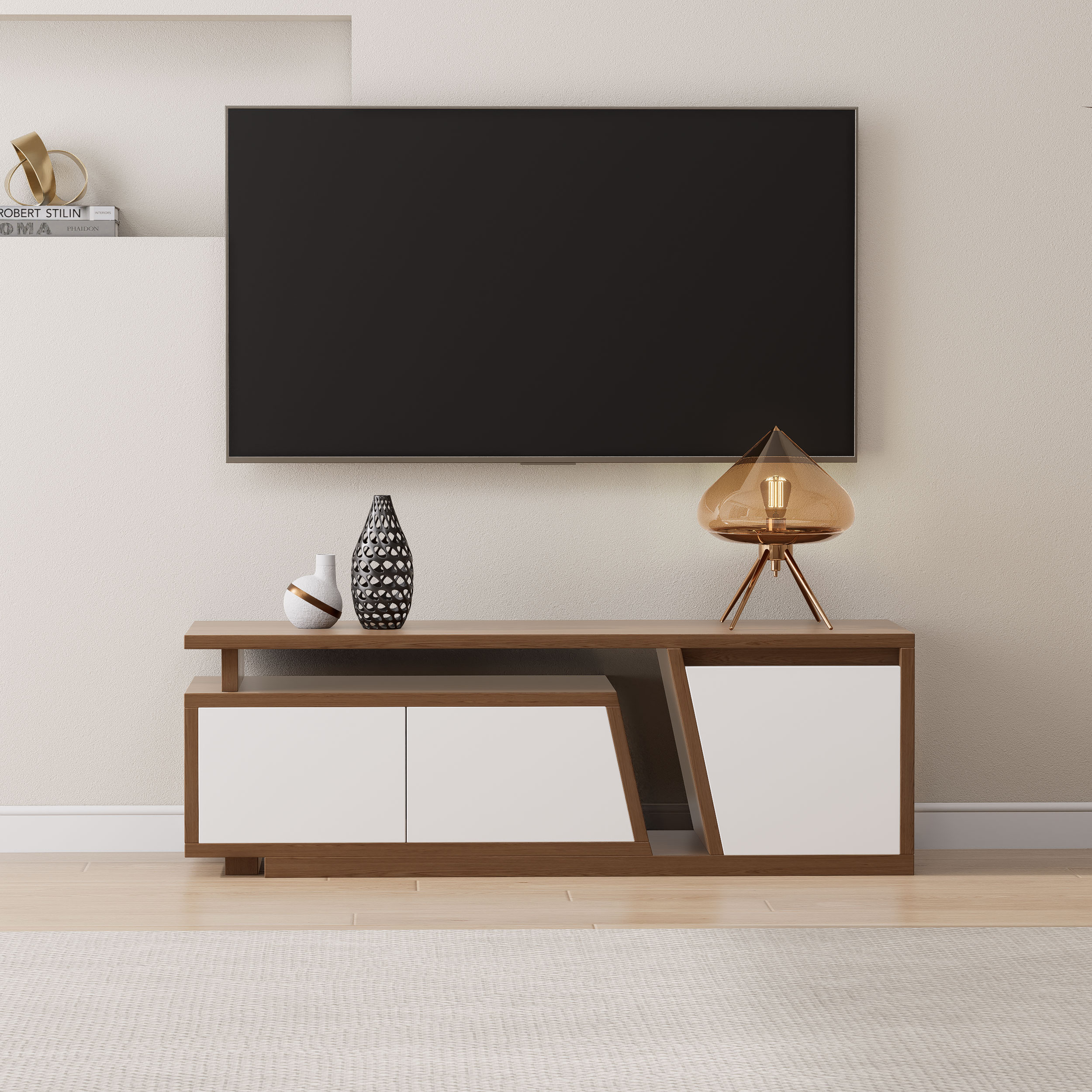 Storage Modern White & Walnut Wood TV Stand Extendable 1200 mm - 1800 mm Floor-standing TV Unit with 3 Drawers