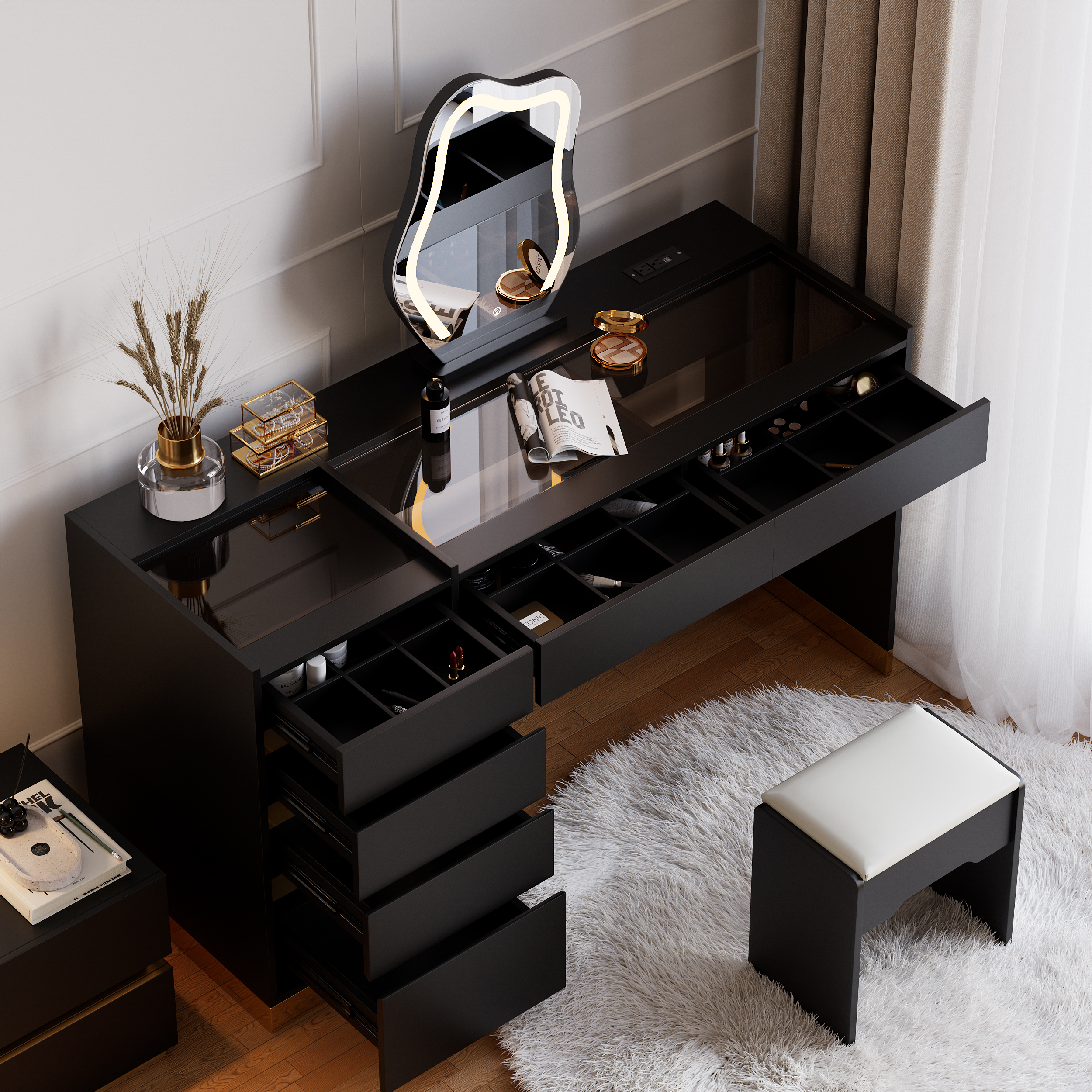 Modern Black Dressing Table with Chair with Lighted Vanity Mirror & Charging Station & Jewellery Storage Dressing Table