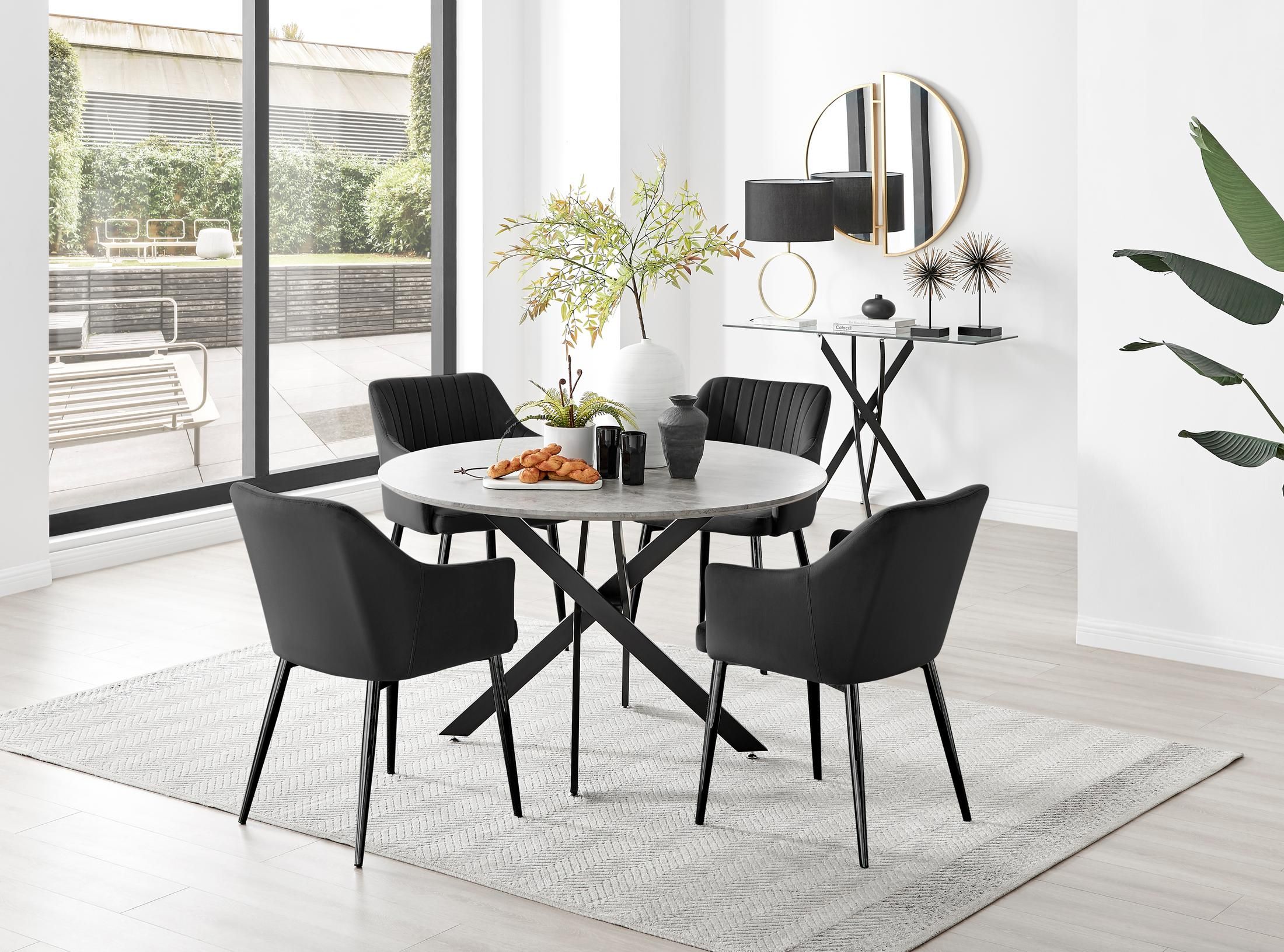 FurnitureboxUK Novara Grey Concrete Effect Black Leg 120cm Round Dining Table & 4 Calla Black Leg Chairs