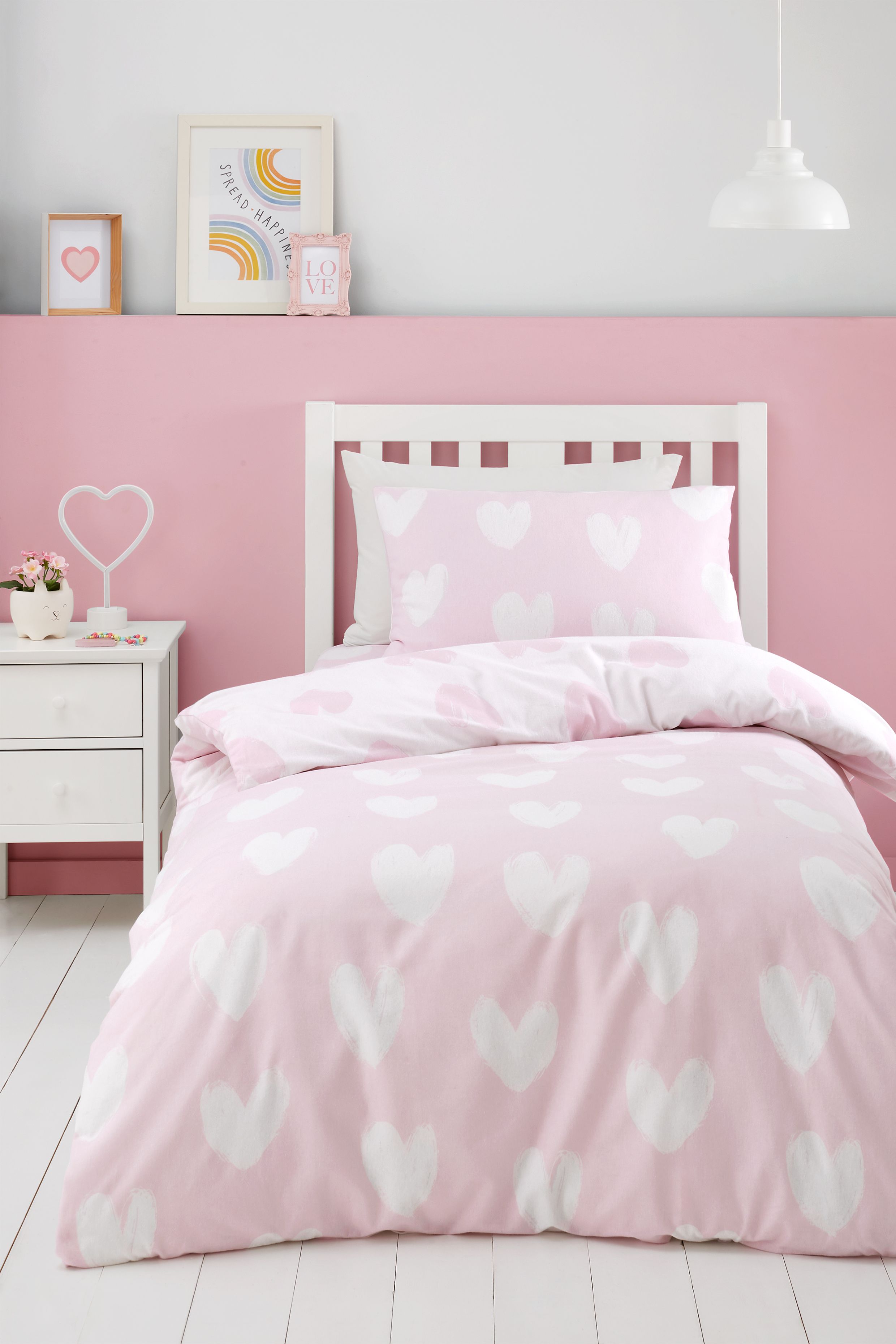 Catherine Lansfield 'Brushed Cotton Hearts' Reversible Duvet Cover Set in Pink