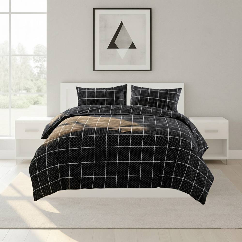 Snug City Box Dot Pattern Duvet Cover Set Soft Easy Care Contemporary Bedding in Black