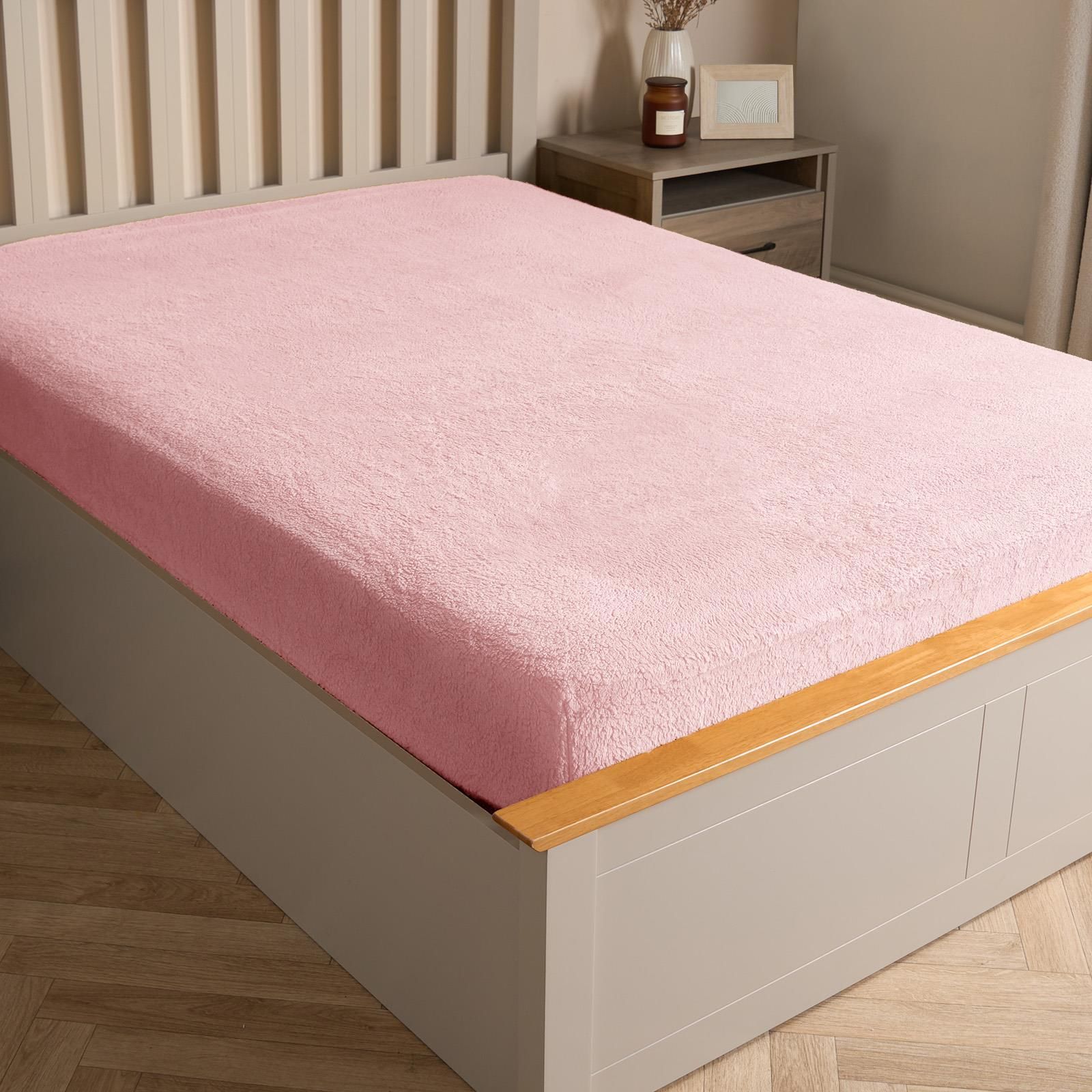 OHS Teddy Fleece Thermal Fitted Bed Sheet in Pink | Size: Single Fitted