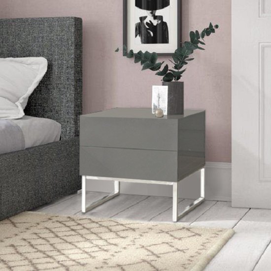 Strada Grey Gloss Bedside Cabinet With Glass Top And 2 Drawers