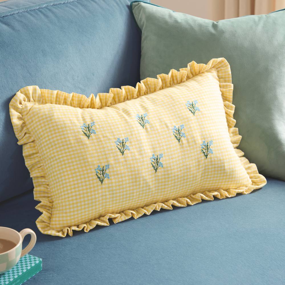 Furn Les Petite Fleurs 100% Cotton Gingham Ruffle Cushion in Yellow