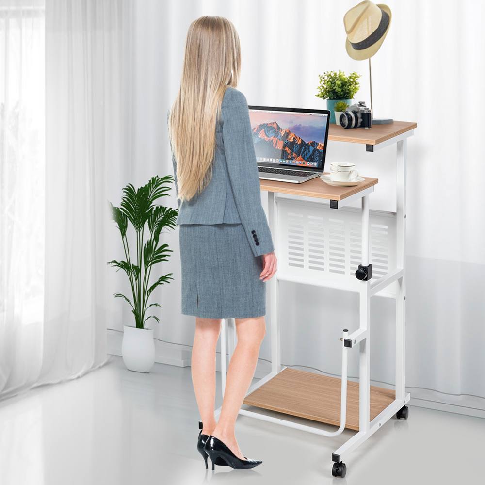Costway 2 in 1 Adjustable Computer Desk Office PC Desk Movable Workstation in Natural