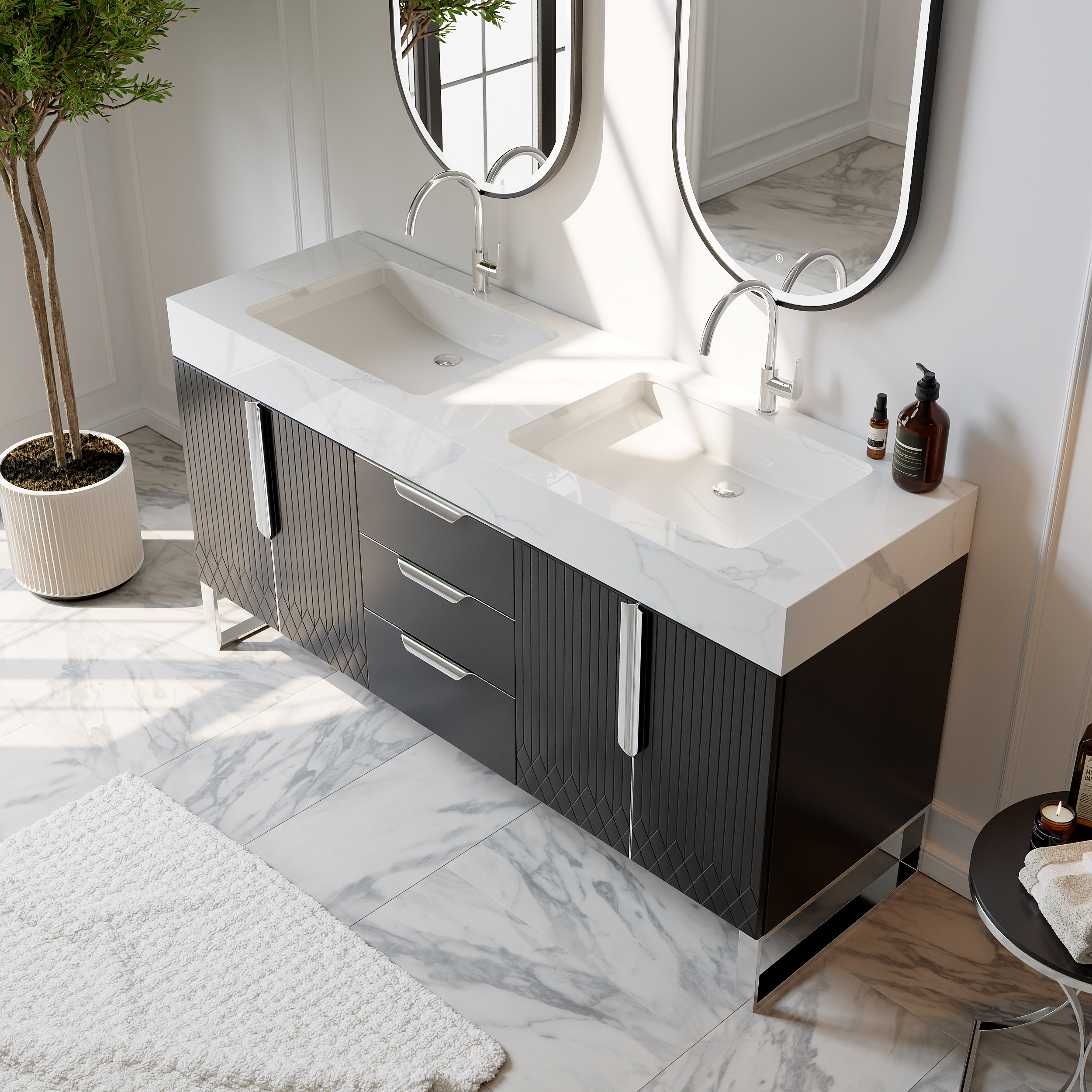 Aro 150 cm Black Double Basin Freestanding Bathroom Vanity Drawers Faux Marble Top