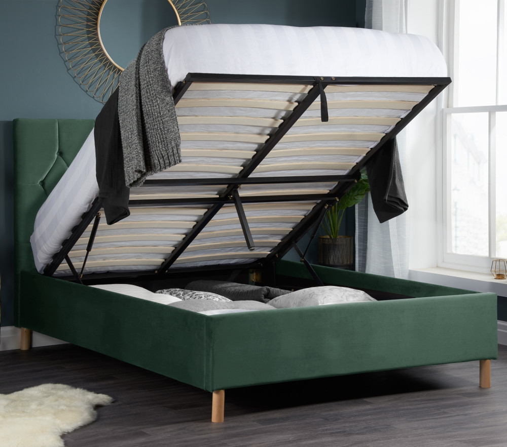 Loxley Green Velvet Fabric Ottoman Storage Bed Frame - 4ft Small Double